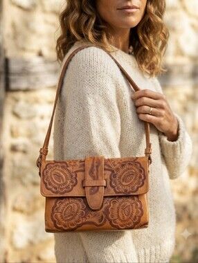 Handcrafted Vintage Tooled Leather Shoulder Bag - Flores' Bags